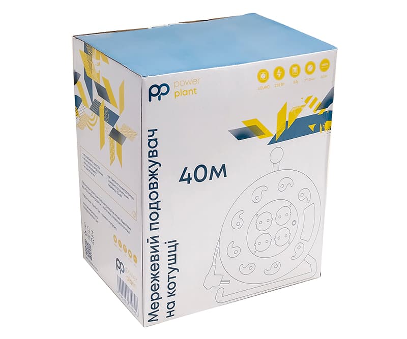Подовжувач на котушці PowerPlant 40 м, 2x1.0мм2, 8А, 4 розетки (JY-2000/40)