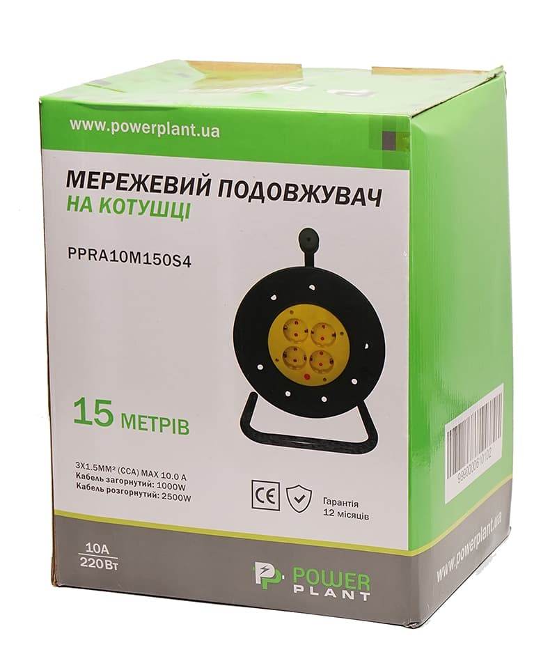 Подовжувач на котушці PowerPlant 15 м, 3x1.5мм2, 10А, 4 розетки (JY-2002/15)