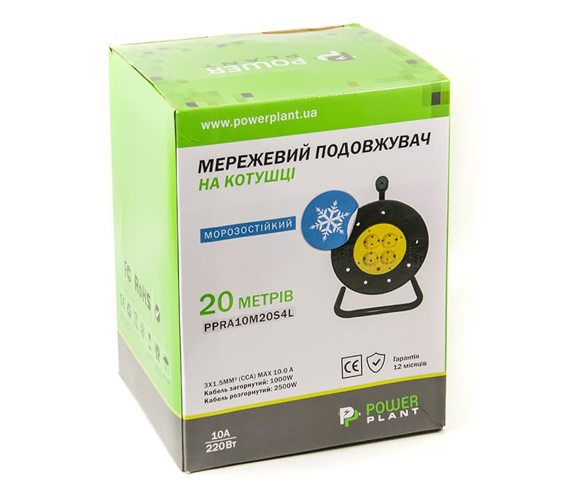 Подовжувач на котушці PowerPlant 20 м, 3x1.5мм2, 10А, 4 розетки, морозостійкий (JY-2002/20)