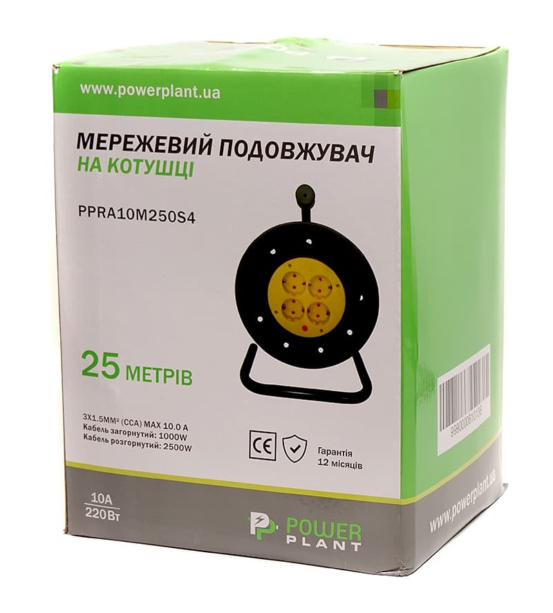 Подовжувач на котушці PowerPlant 25 м, 3x1.5мм2, 10А, 4 розетки (JY-2002/25)