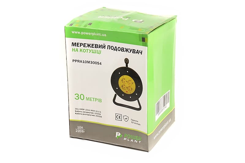 Подовжувач на котушці PowerPlant 30 м, 3x1.5мм2, 10А, 4 розетки (JY-2002/30)