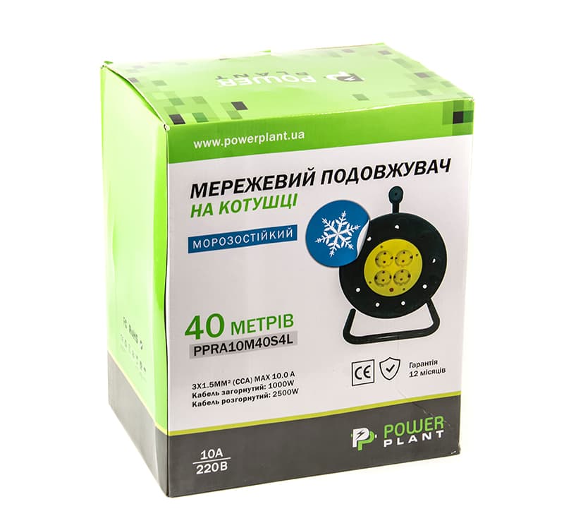 Уцінка!!! Подовжувач на котушці PowerPlant 40 м, 3x1.5мм2, 10А, 4 розетки, морозостійкий (JY-2002/40