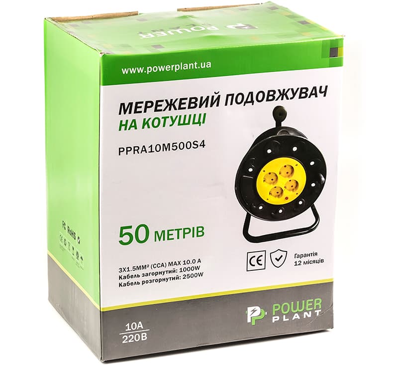 Подовжувач на котушці PowerPlant 50 м, 3x1.5мм2, 10А, 4 розетки (JY-2002/50)