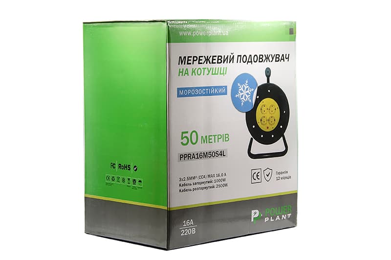 Подовжувач на котушці PowerPlant 50 м, 3x2.5мм2, 16А, 4 розетки, морозостійкий (JY-2002/50)